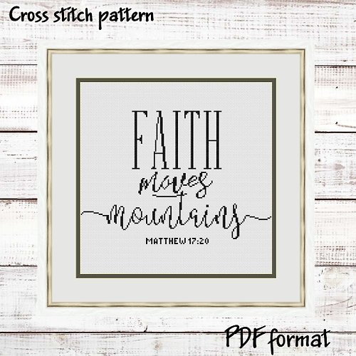 ModernXStitchArt Religious cross stitch pattern - Faith Moves Mountains, Bible verse cross stitch