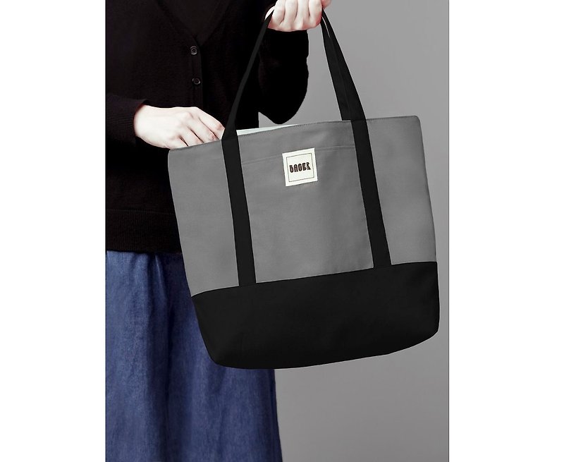 Classic Color Matching Large Tote Bag Gray + Black - กระเป๋าแมสเซนเจอร์ - ผ้าฝ้าย/ผ้าลินิน สีเทา