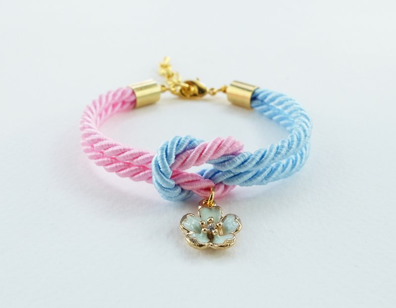 Pink and Blue tie the knot bracelet with flower charm - 手鍊/手鐲 - 其他材質 粉紅色