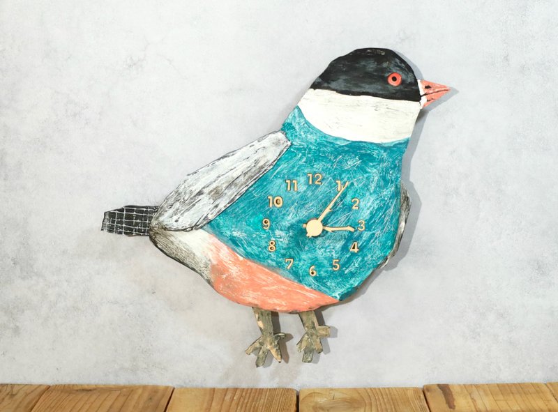シャビーシックな文鳥 ターコイズブルー × フロリダピンク レギュラーサイズ 時計 木製 掛け時計 - 時鐘/鬧鐘 - 木頭 藍色