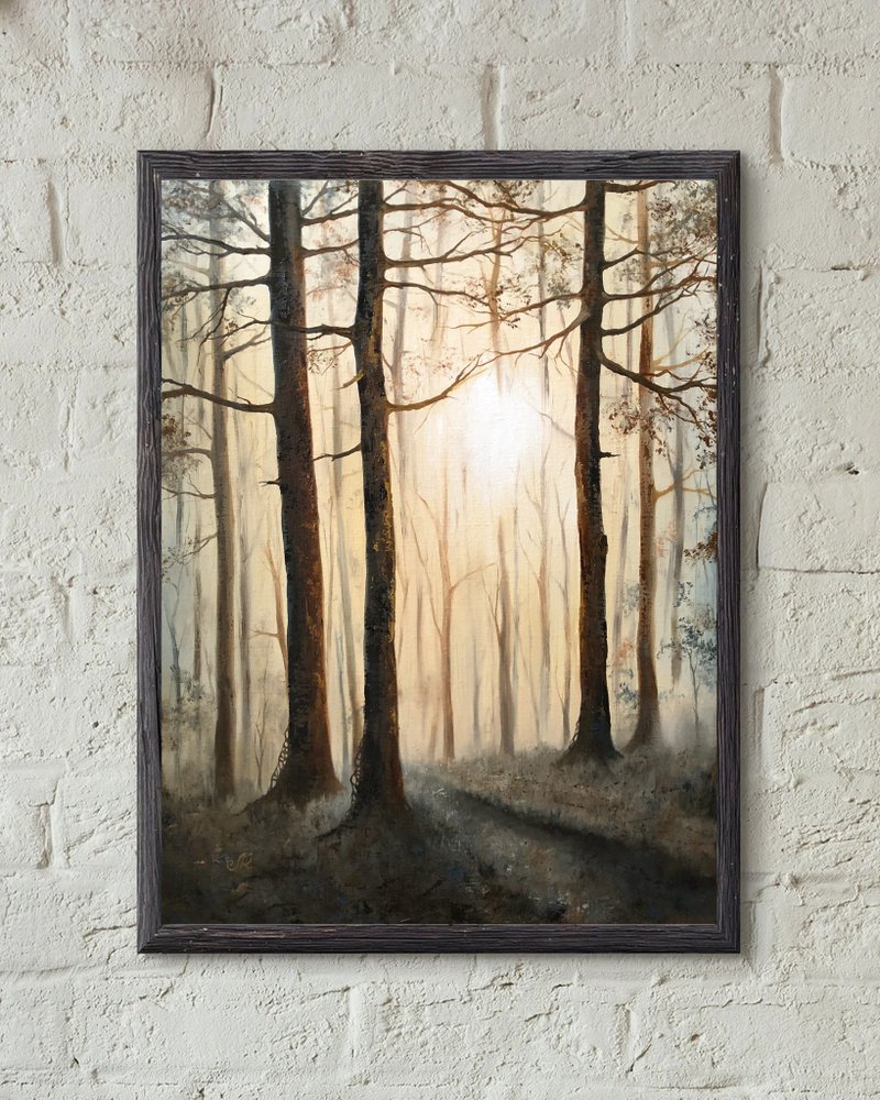 Forest Painting Landscape Oil painting Original - โปสเตอร์ - วัสดุอื่นๆ สีส้ม