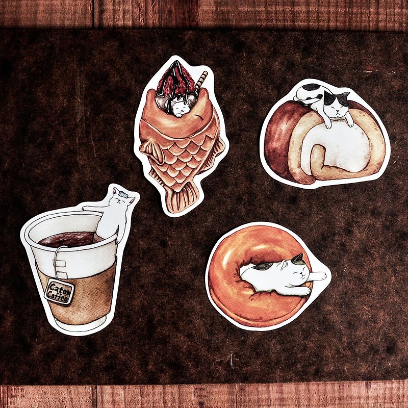 貓咪好食防水貼紙/咖啡/蛋糕捲/甜甜圈/草莓鯛魚燒-Sticker - 貼紙 - 紙 多色
