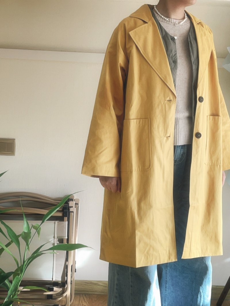 黃色風衣外套 設計 日系 寬鬆 原創設計 外套 - 女西裝外套 - 棉．麻 黃色