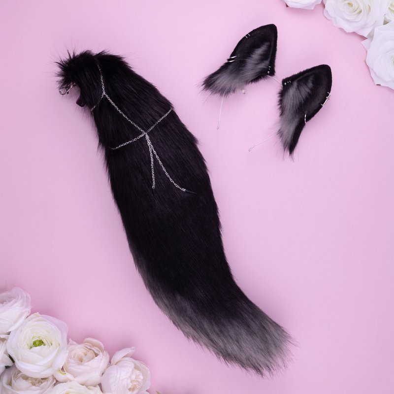 Wolf Ears and Tail Set Faux Fur Ears and Tail Set - เครื่องประดับผม - ไฟเบอร์อื่นๆ สีดำ