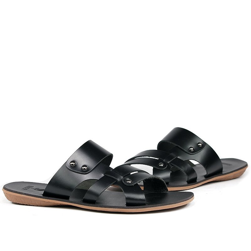 Temple Xiaoliang will fashion leather casual sandals and slippers black - รองเท้าแตะ - หนังแท้ สีดำ