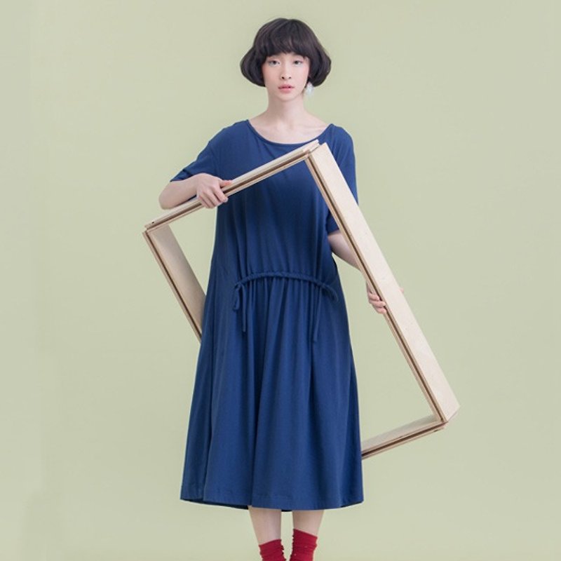 Time curvature organic cotton drawstring dress - deep blue hole - One Piece Dresses - Cotton & Hemp Blue