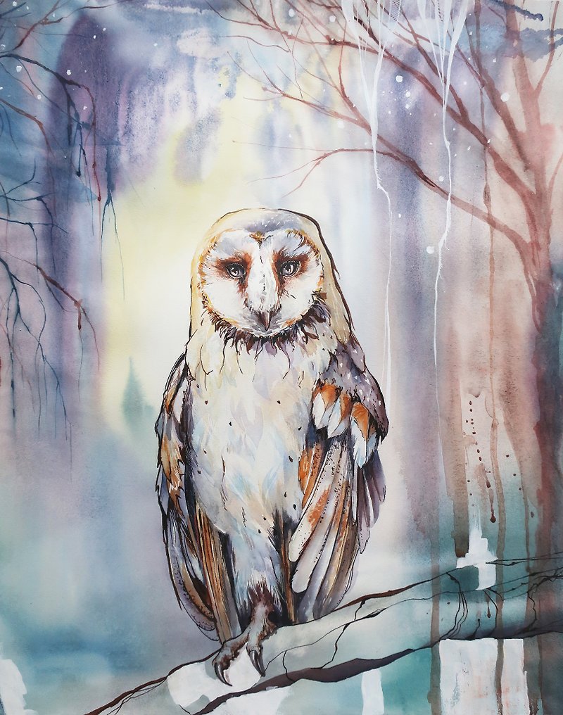 Tyto owl in the forest. Bird watercolor painting on paper - ตกแต่งผนัง - กระดาษ หลากหลายสี