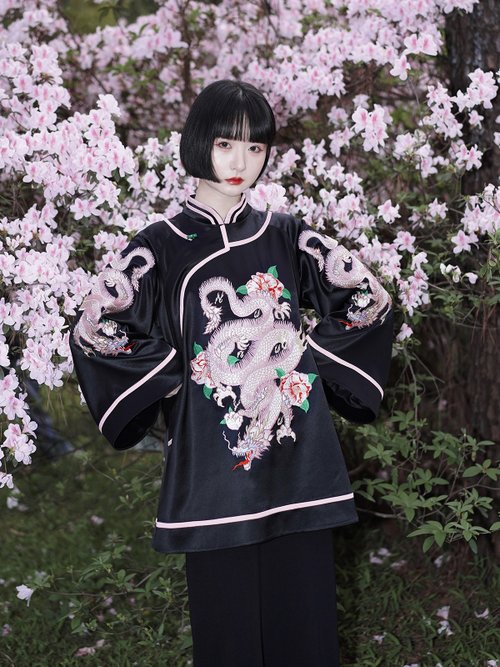 目目玉 原創設計新中式粉色玉山茶龍刺繡旗袍中華風復古上衣