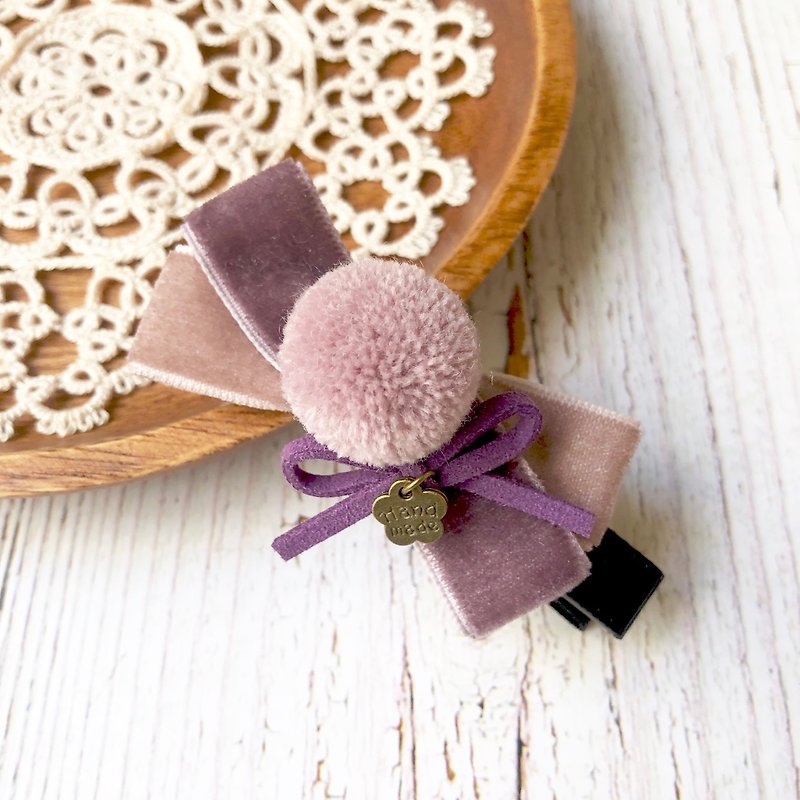 Round fluffy bow hairpin/purple lotus root - Hair Accessories - Other Materials Purple