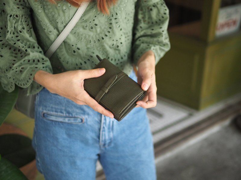 Charlotte (Olive) : Mini wallet, Leather wallet, Green wallet, folded wallet - 皮夾/長短夾/錢包 - 真皮 綠色