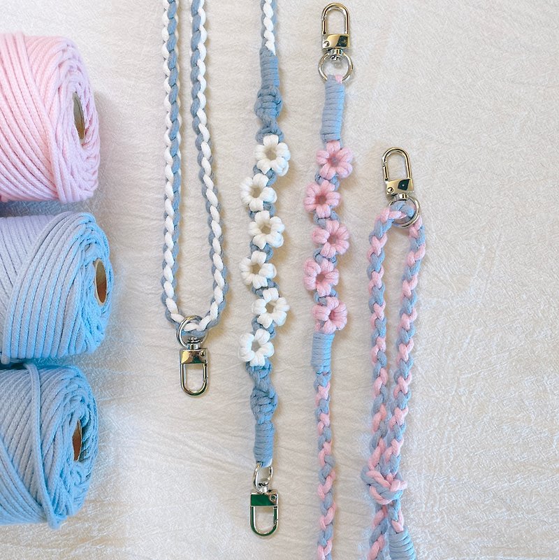 Macrame twisted hollow five-petal flower mobile phone lanyard/blue and pink/customized - Lanyards & Straps - Cotton & Hemp Multicolor