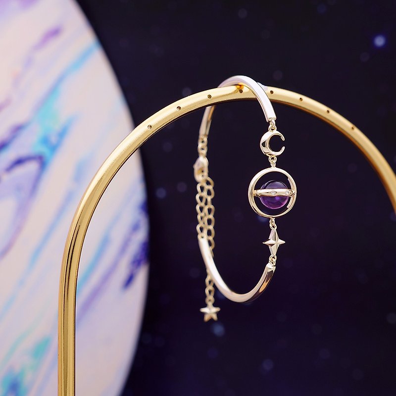 IZZMI Amethyst Three-dimensional Planet Bracelet Star Moon Starry Sky Crystal Rotatable Adjustable Original Design Gift - Bracelets - Crystal Purple