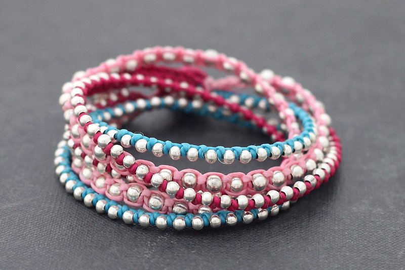 PInk藍色混合粉彩銀色串珠編織纏繞手鍊項鍊 - 手鍊/手環 - 棉．麻 粉紅色