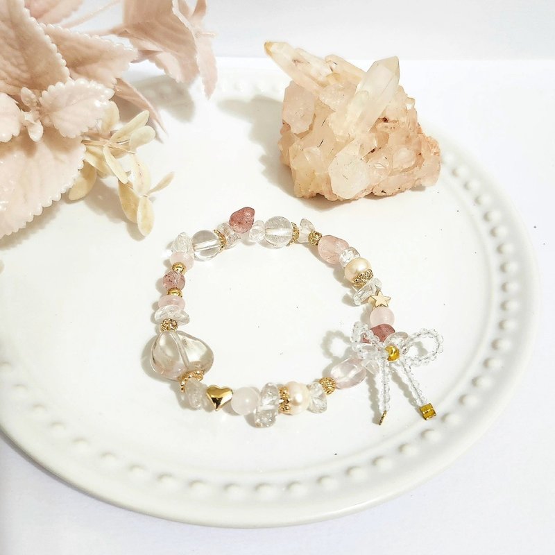 Dream heart knot/crystal that attracts peach blossoms and softens the heart/white crystal/rose quartz/strawberry crystal/pearl - Bracelets - Crystal Pink