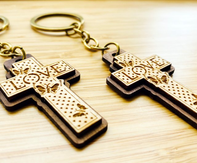 Wooden cross sale keychain