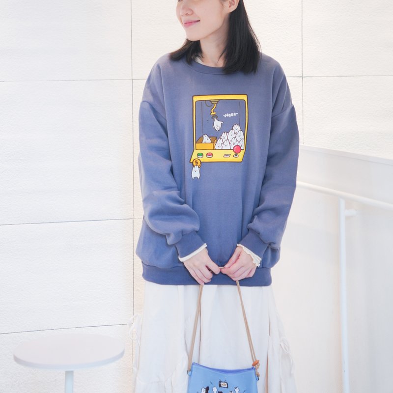 Mochi Rabbit Crane Machine-Brush University T Sweatshirt (grey blue) - เสื้อฮู้ด - ผ้าฝ้าย/ผ้าลินิน สีม่วง