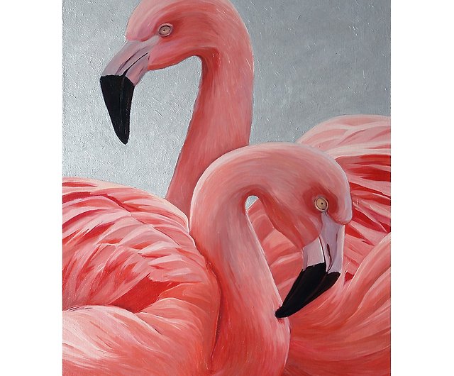 ピンクフラミンゴオリジナル油絵動物鳥アート絵画家の壁の装飾 