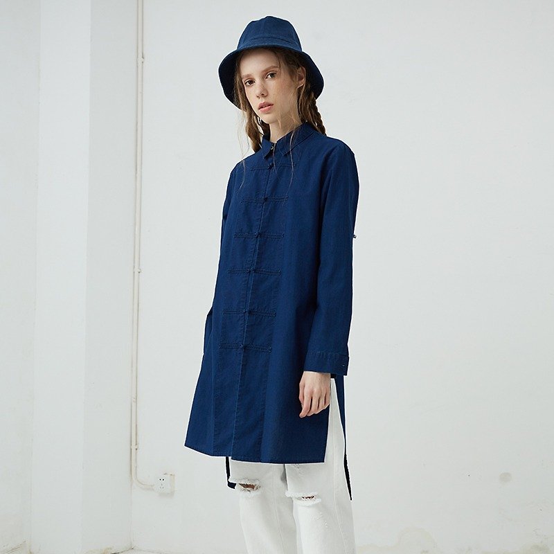 Cotton denim shirt and long sections Pankou - เสื้อเชิ้ตผู้หญิง - ผ้าฝ้าย/ผ้าลินิน สีน้ำเงิน