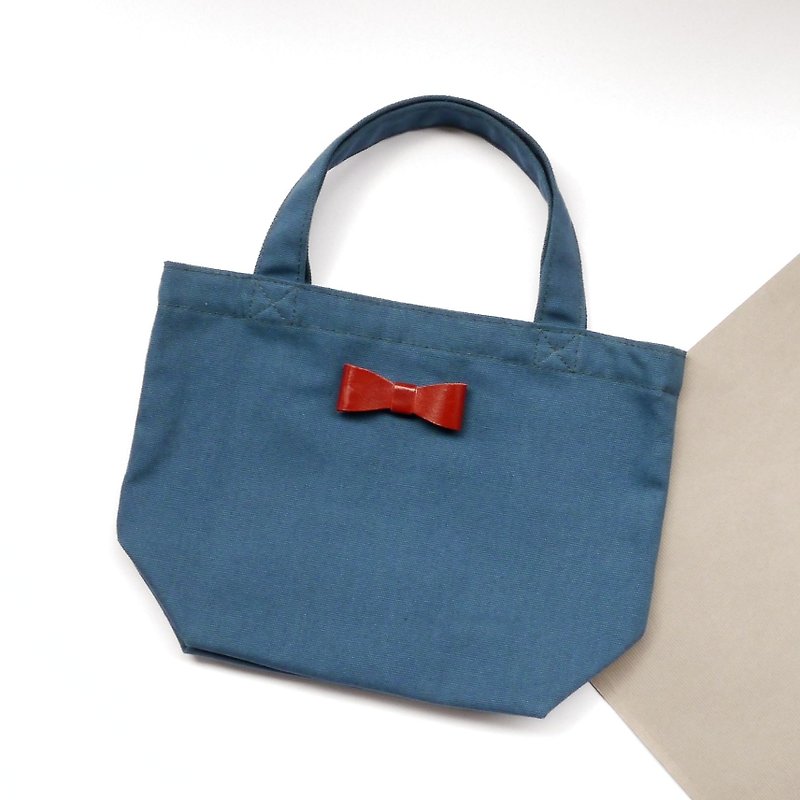 Small canvas bag with leather bow. Shopping bag-blue - Handbags & Totes - Cotton & Hemp Blue