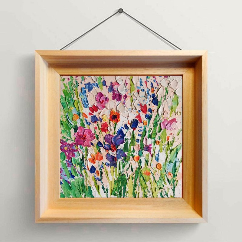 Wildflower Painting Original Art Floral Oil Painting Wall Decor Daisy Artwork - 海報/掛畫/掛布 - 壓克力 粉紅色