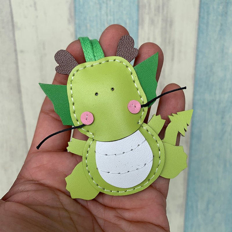 Healing small things green cute dragon hand-stitched leather charm small size - Charms - Genuine Leather Green