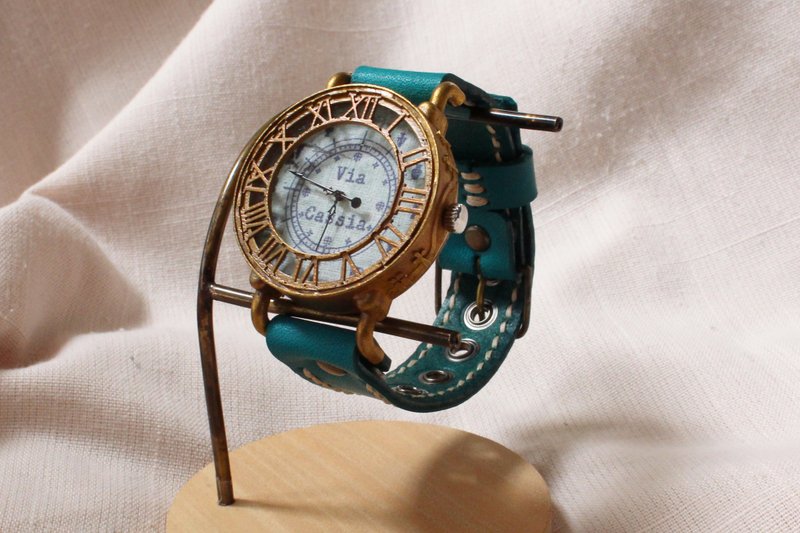 Handmade watch Via Cassia (antique case Blue dial & Blue) - นาฬิกาผู้หญิง - ทองแดงทองเหลือง สีน้ำเงิน