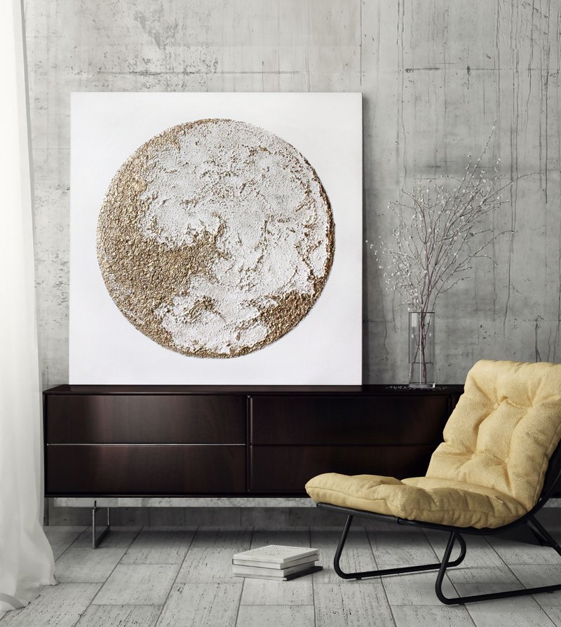 White Gold Painting | Space wall Art | Moon Wall Art | Moon painting White Moon - 壁貼/牆壁裝飾 - 棉．麻 金色