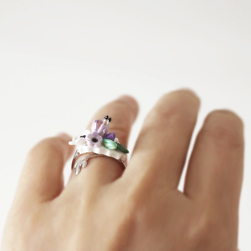 【聖誕禮物】花の純銀指環 - 戒指 - 陶 白色