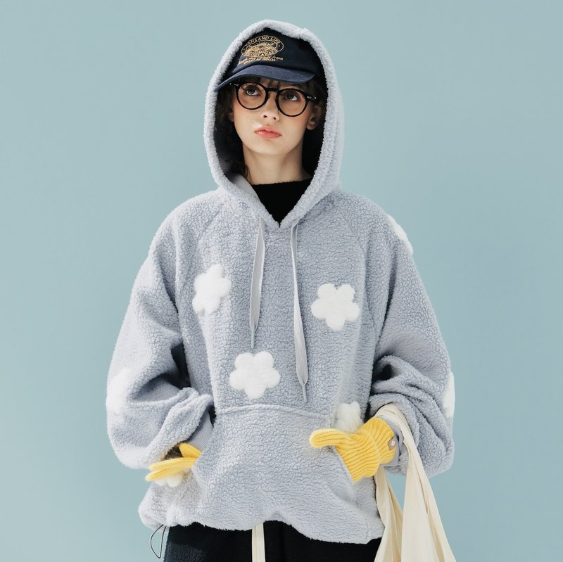 Small flower gray blue polar fleece winter hat T - เสื้อฮู้ด - ผ้าฝ้าย/ผ้าลินิน สีน้ำเงิน