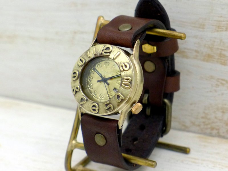 Handmade Watch Index1-B-DATE Mens 32mm Brass DATE (Date Display) (64B-DATE) - Men's & Unisex Watches - Copper & Brass Gold