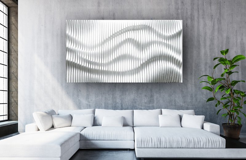 White wavy wood wall décor made of slats, contemporary parametric wall piece - Wall Décor - Wood White