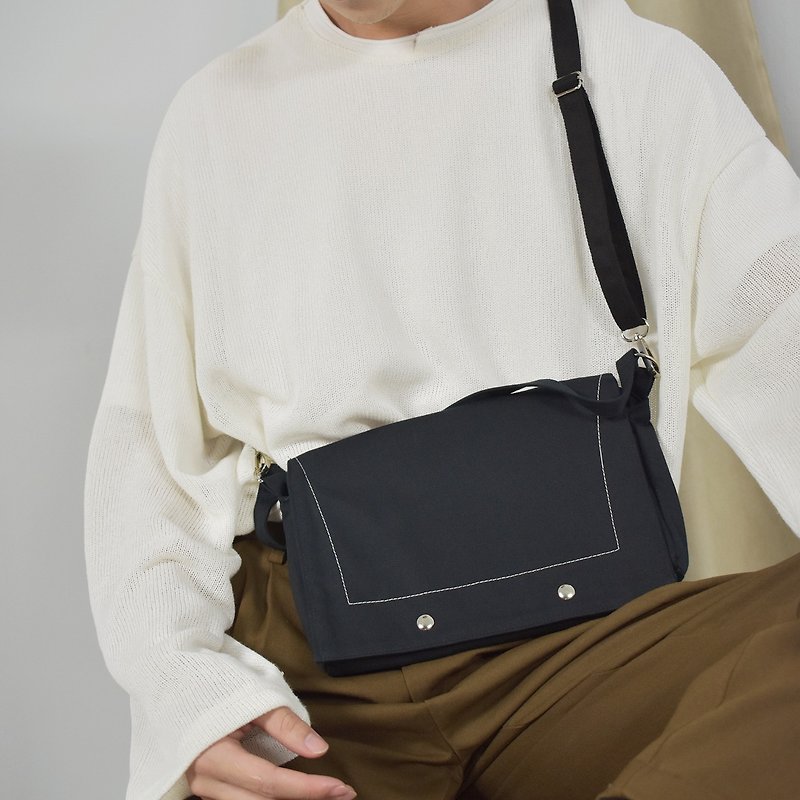 [Customized] RANSEL Classic Three-Shoulder Crossbody Shoulder Bag (M) - Messenger Bags & Sling Bags - Cotton & Hemp Black