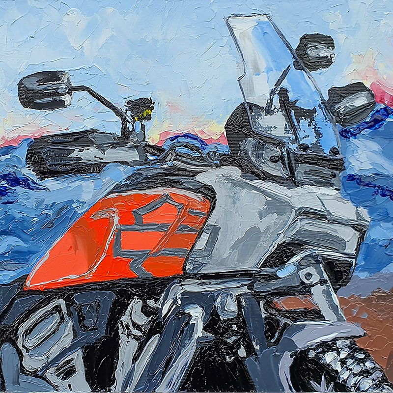 วัสดุอื่นๆ โปสเตอร์ สีน้ำเงิน - Harley Davidson Painting Pan America Motorcycle Original Art American Motorbike