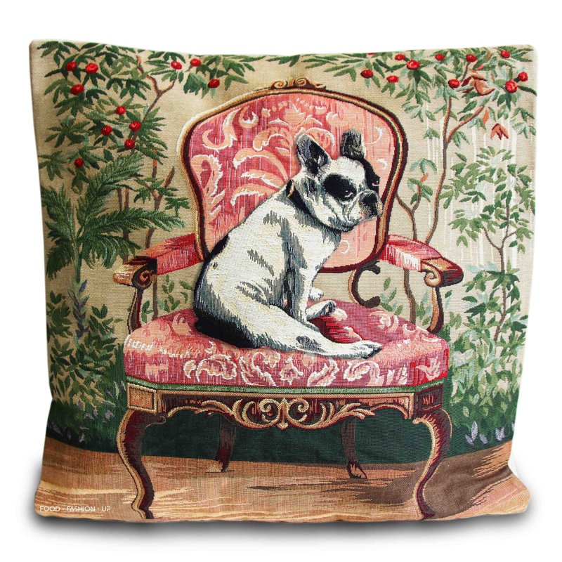 European royal jacquard pillow knitted limited edition 1 antique French bulldog cute dog on the chair - หมอน - ผ้าฝ้าย/ผ้าลินิน 