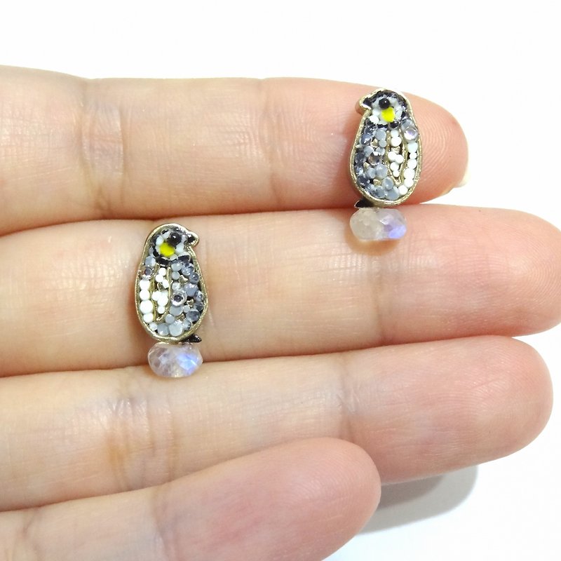 chiching chess design green handmade jewelry Mosaic Mosaic Series King Penguin tiny baby moonstone earrings Soon - Earrings & Clip-ons - Gemstone 