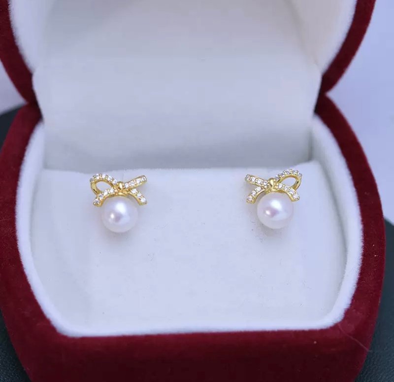 YuanPearl natural aurora high-grade round 6-7mm pearl bow earrings for commuting - ต่างหู - ไข่มุก ขาว