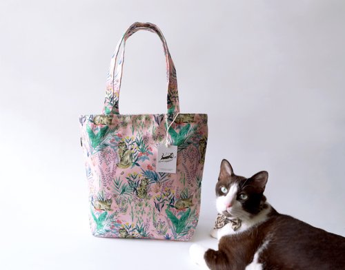 PINRARIN Cats zipper canvas tote bag Hand drawn illustration Handmade bag - Vintage pink