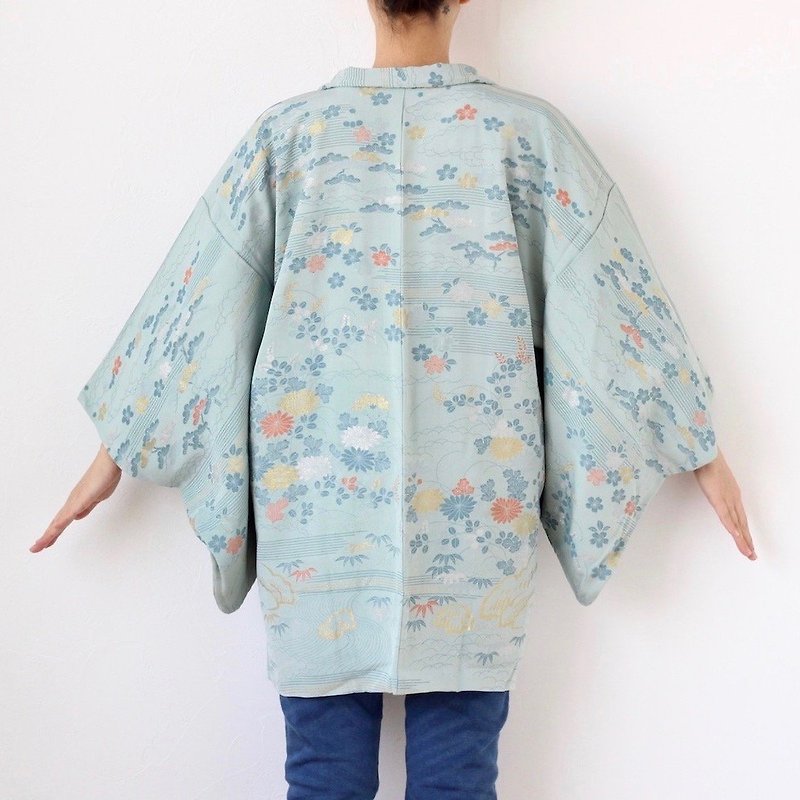 light blue floral kimono, haori, Japanese kimono, silk cardigan /4023 - เสื้อแจ็คเก็ต - ผ้าไหม สีน้ำเงิน