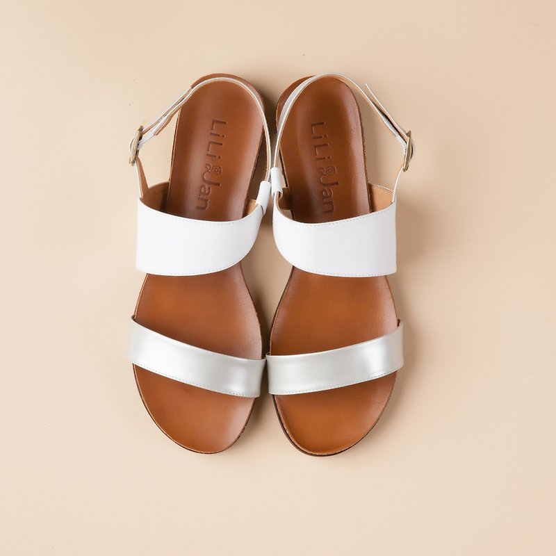 [Romantic French Temperature] Full Cowhide Irregular Dual Sandals - Fog Silver / White - รองเท้ารัดส้น - หนังแท้ สีเงิน