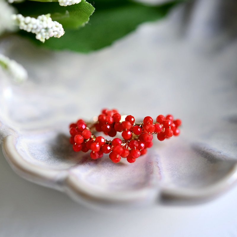 原創 赤珊瑚 紅珊瑚 四連 梅花 圈形耳環 三月誕生石 提升運勢 招來繁榮 M - 耳環/耳夾/耳骨夾 - 寶石 紅色