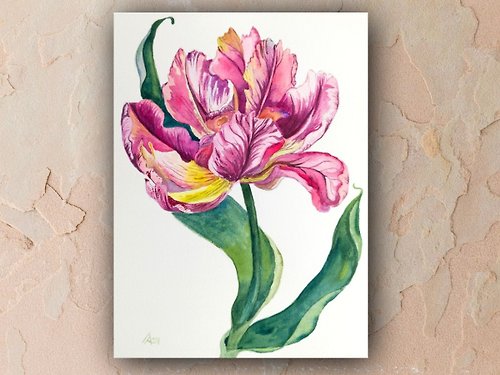 AlbinaBeadArt Pink tulip painting original watercolor art floral artwork flower 19 by 27 cm