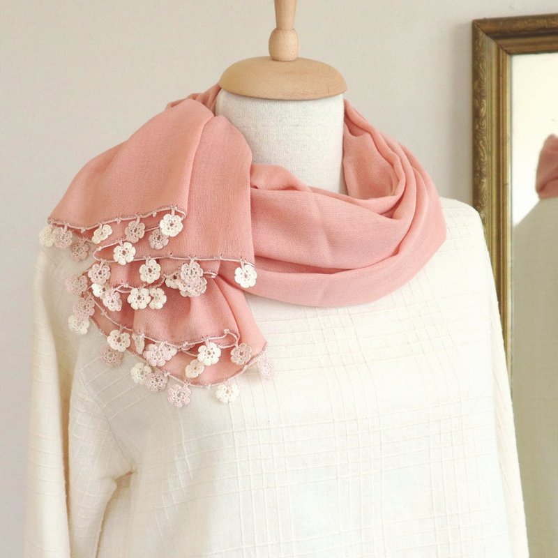 Made to order / OYA crochet thin Pashmina shawl【MARY】Peach Pink - Scarves - Wool Pink