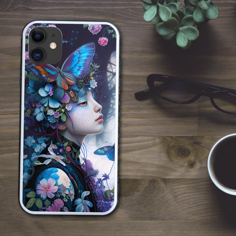 A fantastic, chic, and gorgeous dreamy witch in the forest with flower lover and butterflies smartphone case [tempered glass finish] compatible with iPhone 16 - Phone Cases - Plastic Multicolor