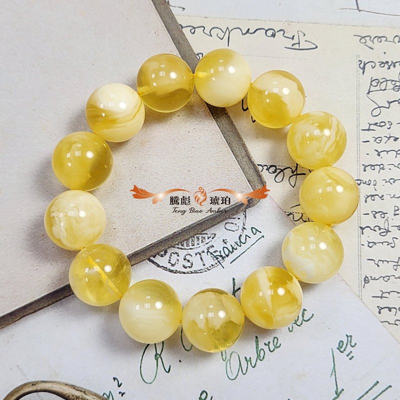 騰彪琥珀 天然琥珀蜜蠟 金絞白意境蜜蠟 金沙靈動 經典單圈 手鍊 - 手鍊/手環 - 半寶石 黃色