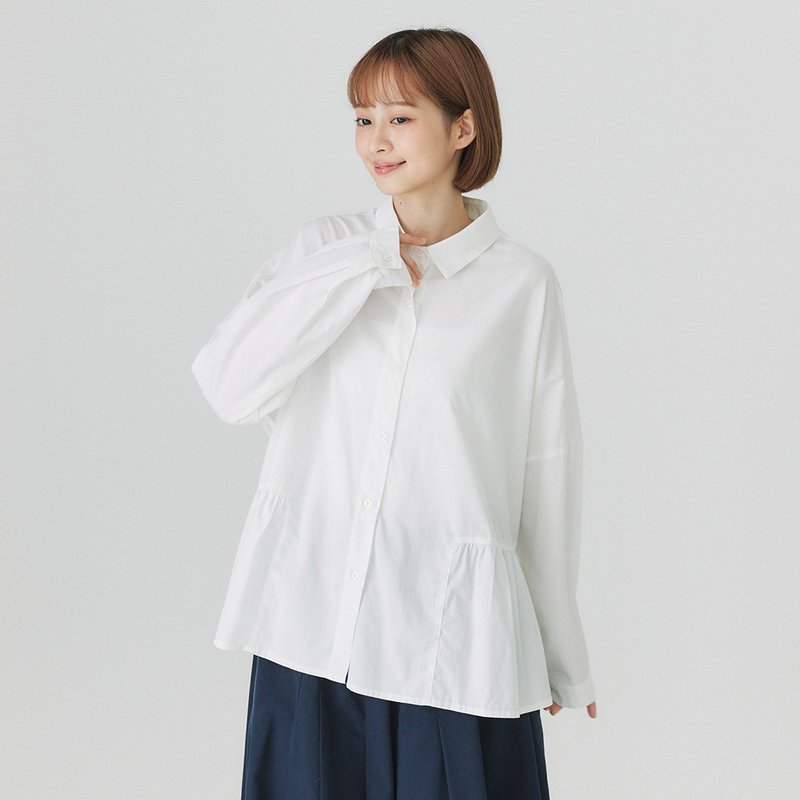 【Simply Yours】荷葉下擺長袖襯衫  白F - 女裝上衣 - 棉．麻 白色