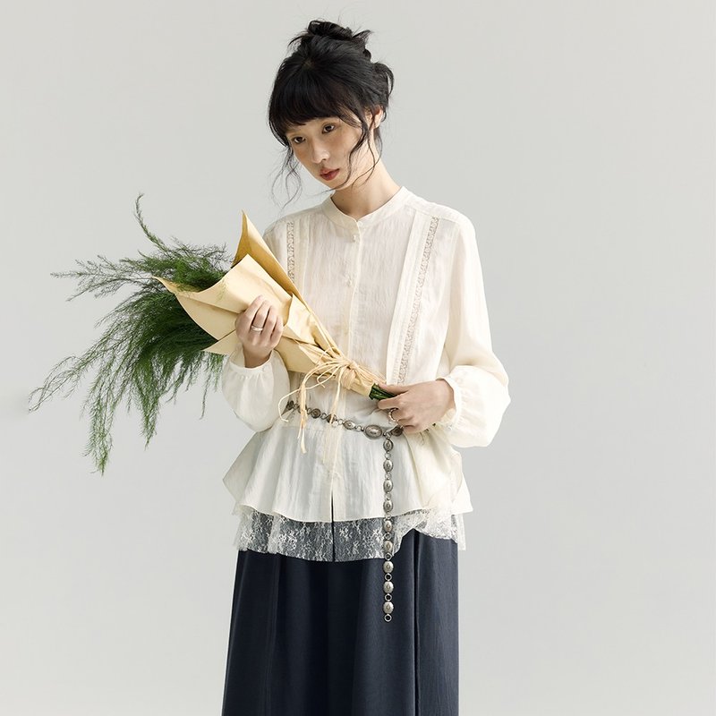 米色蕾絲擺襯衫|襯衫|秋款|Sora-1894 - 女襯衫 - 其他人造纖維 