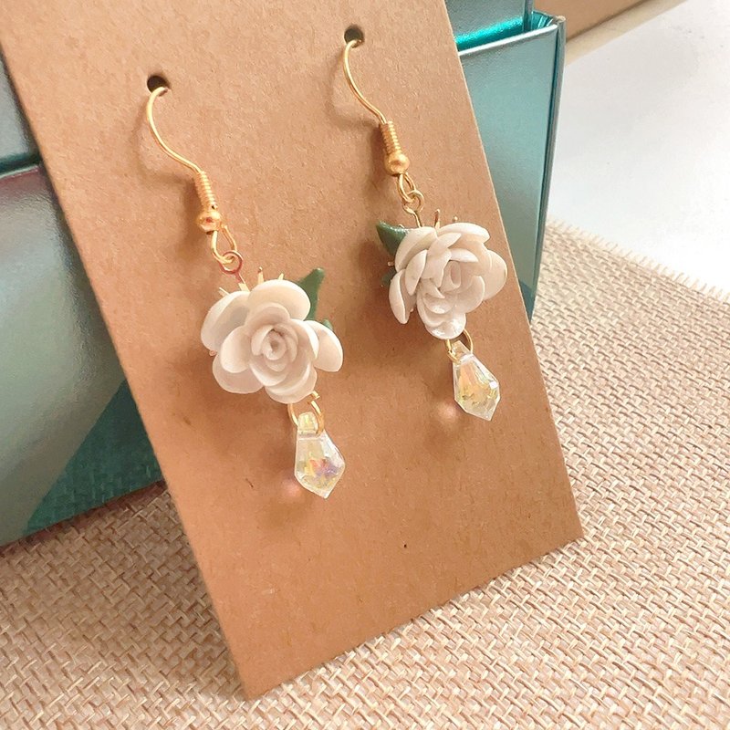 Rabbit bag white rose handmade soft pottery earrings - Earrings & Clip-ons - Clay White