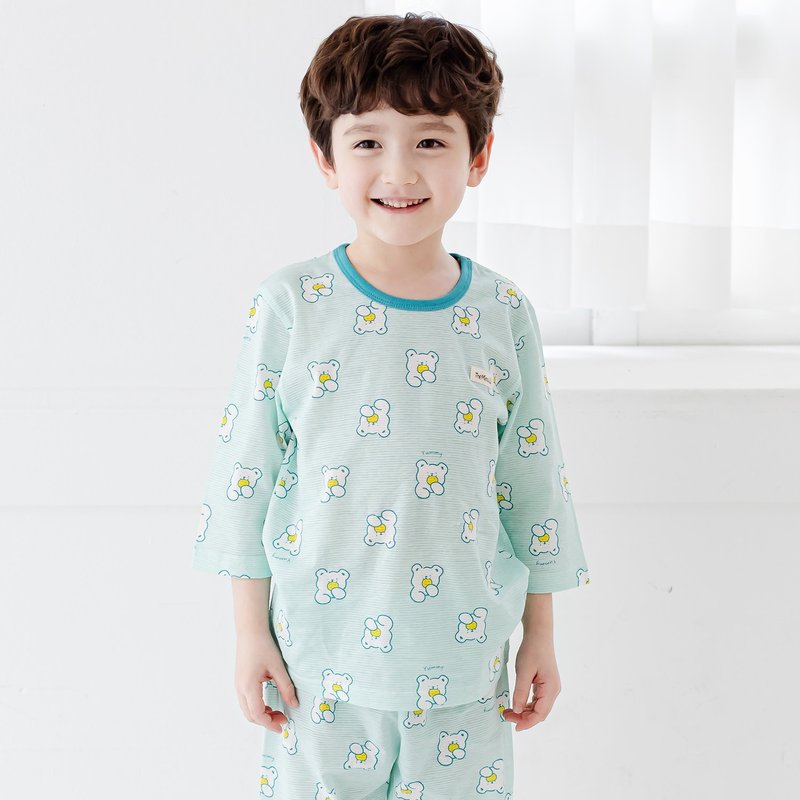 [New Product] Teal Afternoon Tea White Bear-Light Breathable Air Clothes Three Quarter Sleeves Korean Children's Clothing TheMinou-T59307 - เสื้อยืด - ผ้าฝ้าย/ผ้าลินิน หลากหลายสี