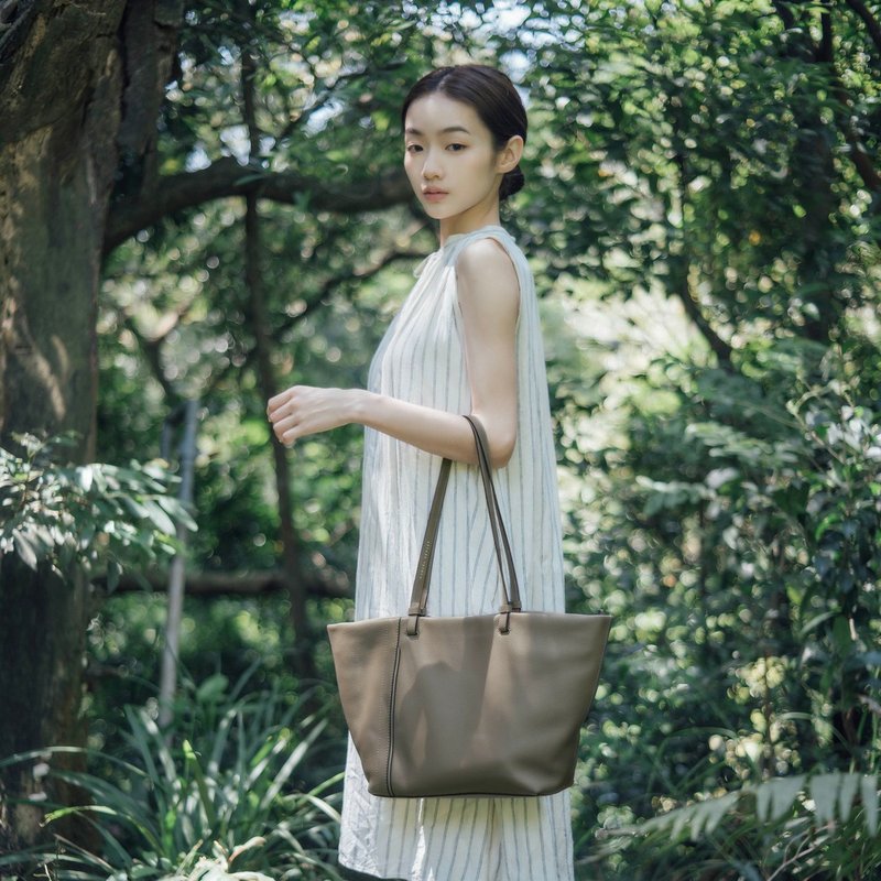 【精選大號包】Clementine皮革手提包 - 石灰色 送禮自用 - 手提包/手提袋 - 真皮 灰色