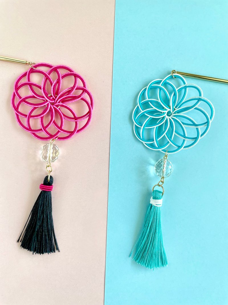 MIZUHIKI work ornate hairpin, Mandala Tassel Blue Pink - เครื่องประดับผม - กระดาษ หลากหลายสี